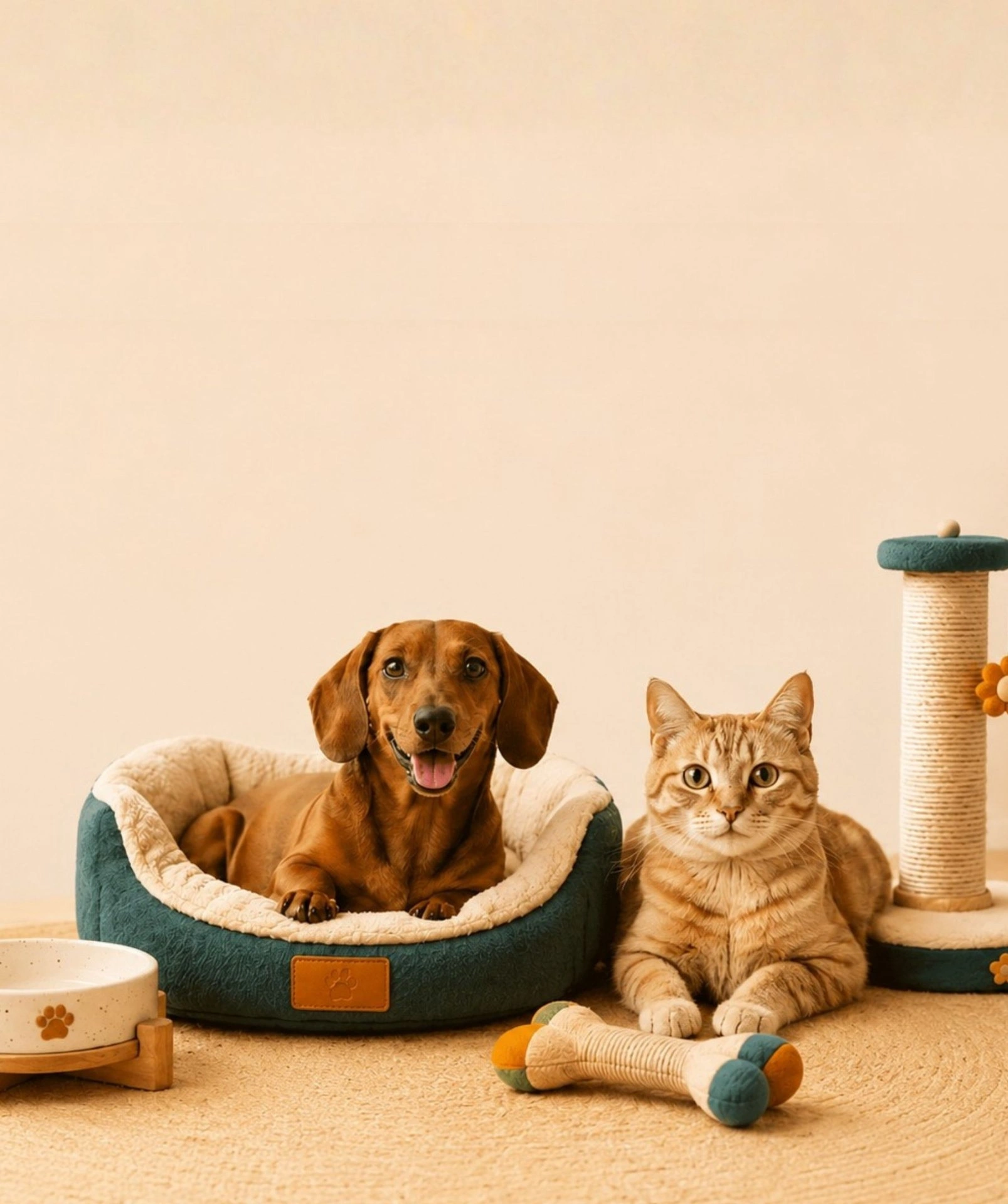 Cachorro e gato com caminha, brinquedos e arranhador
